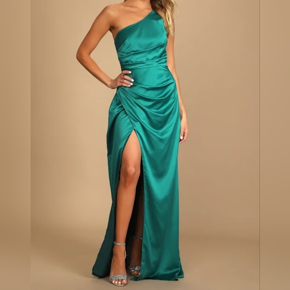 Lulus Dreaming of Elegance Dark Teal Satin One-Shoulder Maxi Dress, Size XL - Picture 5 of 10